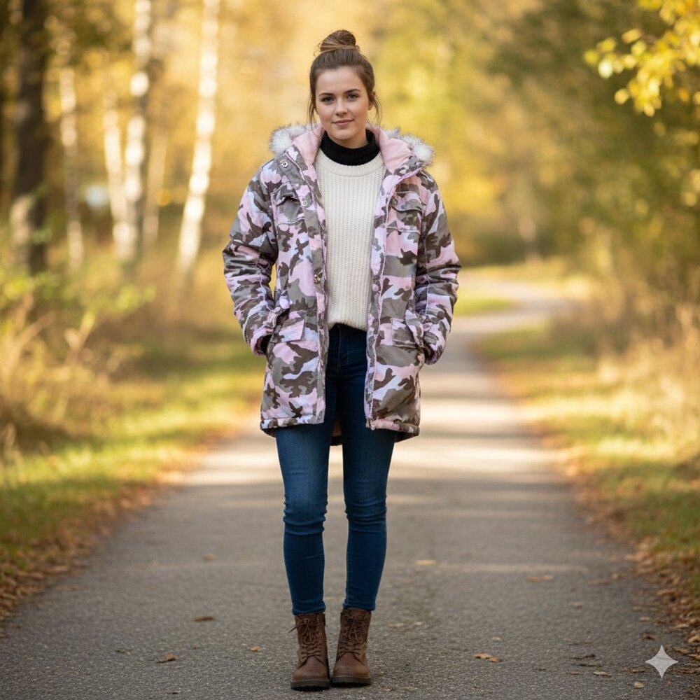 Vintage Cherokee Pink Camo Hooded Coat XL 14/16 Faux Fur Trim